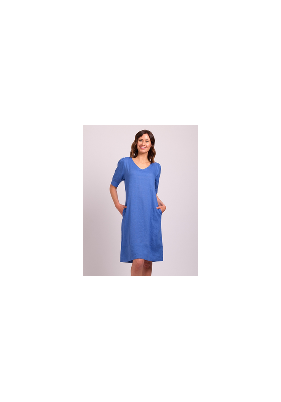 Puff Sleeve V Neck Linen Dress